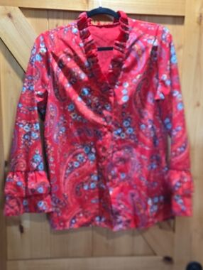 Red Paisley Ruffle-Trim Women's Blouse